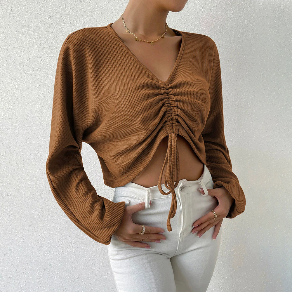 ZARA Spring Summer Loose Casual Drawstring Waffle Knit Long Sleeve Crop Top